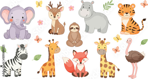 wild animals cartoon vector set. Adorable elephant, deer, hippo, tiger, giraffe, zebra, fox, sloth, and ostrich characters. Kawaii nature illustration, isolated on white background.