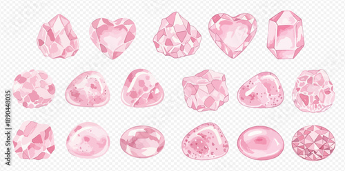 Watercolor illustration of various pink rose quartz crystals and gemstones on a transparent background.