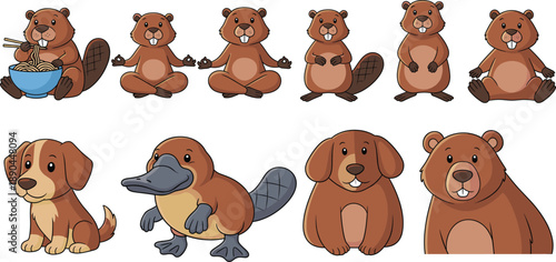 Cute beaver and platypus cartoon vector set. Funny woodland animals in different poses and expressions. Playful wildlife illustration collection, isolated on white background.