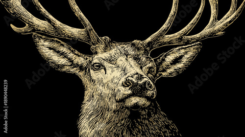 Majestic vintage engraving of a stag with impressive antlers on a solid black background, detailed wild animal art illustration