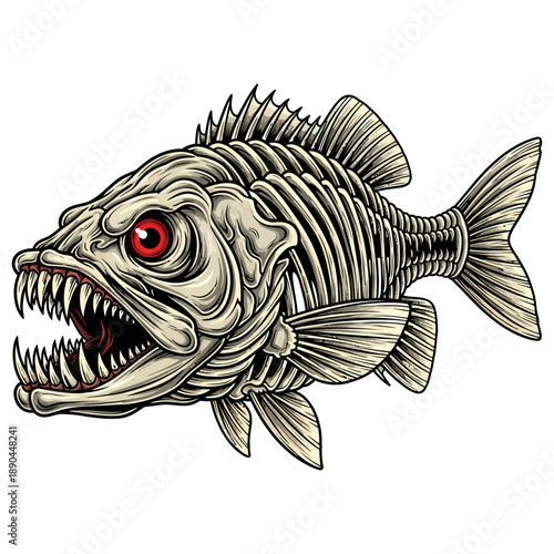 skeleton bass fish illustration with red eyes and sharp teeth for fishing mascot design