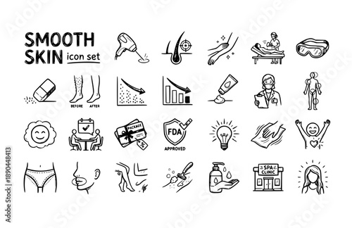 Laser Hair Removal Smooth Skin Treatment Beauty Permanent Clinic Vector Icon Set - Professional Skincare Salon