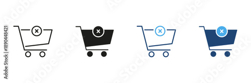 Shopping Cart With Cancel Symbol Line And Solid Icon Set. E-Commerce Cart Abandonment And Order Cancellation Outline And Silhouette Symbol Collection. Online Shopping. Isolated Vector Illustration
