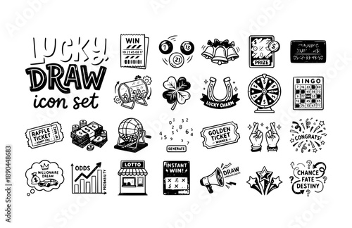Lottery Jackpot Lucky Win Gambling Draw Ticket Prize Fortune Vector Icon Set - Raffle Chance Winner Game