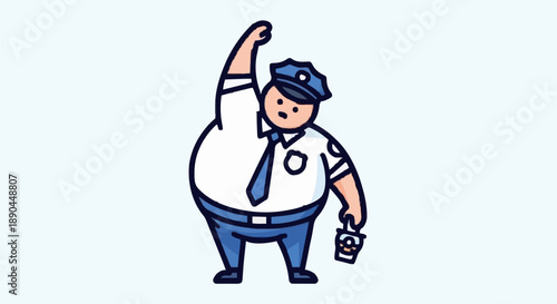 Overweight Cartoon Police Officer Stretching Holding Coffee Cup.