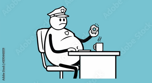 Overweight Police Officer Eating Donut at Desk.