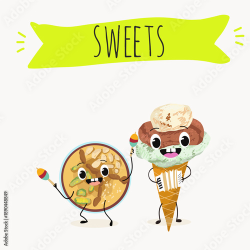 Funny Characters Ashura, Asura, dessert, dondurma, muslim, Turkish dessert. Hand drawn vector illustration.