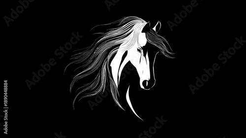 Majestic artistic monochrome horse head illustration with flowing white mane against a deep black background