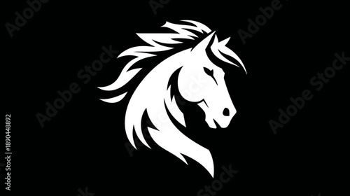Majestic white horse head silhouette with flowing mane on a black background. Powerful equine graphic design icon or logo element.
