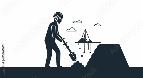 Miner digging with shovel in a mine with equipment.