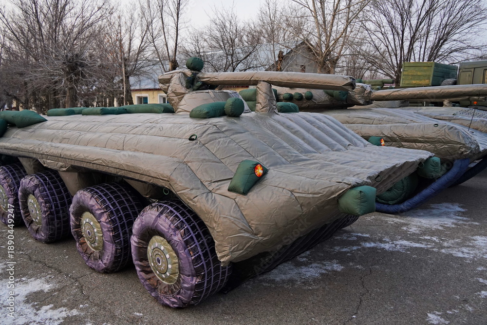 Fototapeta premium Almaty, Kazakhstan - 01.20.2026 : Inflatable imitation of military equipment, to deceive the enemy. A false target.