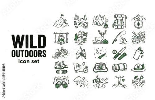 Outdoor Adventure Hiking Camping Nature Mountain Trail Explore Wild Vector Icon Set - Wilderness Forest Backpack