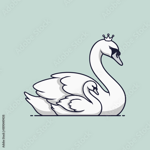 A white swan with a crown on its head floats on water against a light green background in a cartoon style.