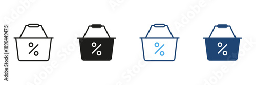 Shopping Basket With Percentage Symbol Line And Solid Icon Set. Discount, Sale, And Promotion Outline And Silhouette Symbol Collection. Retail And E-Commerce Marketing. Isolated Vector Illustration