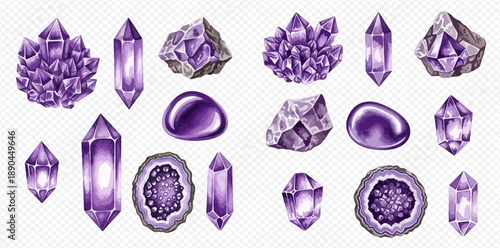 Set of amethyst crystals, geodes, and polished stones in various shapes and sizes.