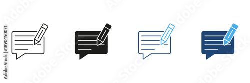 Speech Bubble With Pencil Line And Solid Icon Set. Communication, Feedback and Commenting Outline And Silhouette Symbol Collection. Messaging And Writing Tools. Isolated Vector Illustration