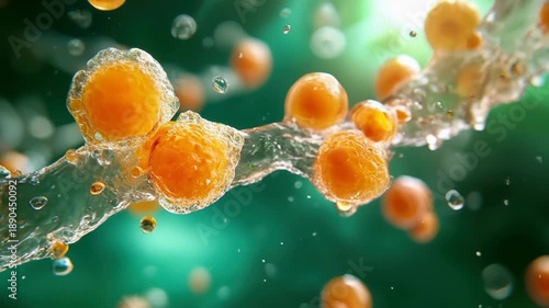 Fat cell adipose tissue biology health science metabolism medical 3D render orange microscopic floating abstract closeup vibrant green background