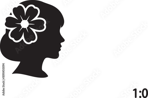 Silhouette of a womans head with a flower hair accessory isolated on a transparent background