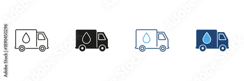 Water Delivery Truck Line And Solid Icon Set. Liquid Transport, Water Supply, And Distribution Service Outline And Silhouette Symbol Collection. Hydration And Utility. Isolated Vector Illustration