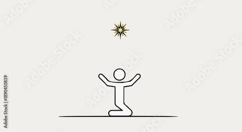 Person kneeling with arms raised towards a star.