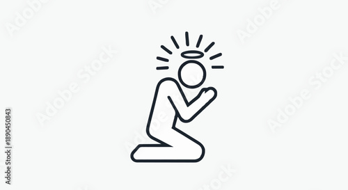 Person kneeling with halo and radiating light praying.