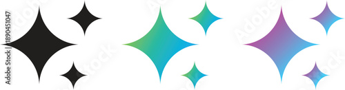 Set of sparkle icons with star shapes and magic glisten effects for ai generated content and social media design. Collection of clean minimalist shining elements in black and gradient colors