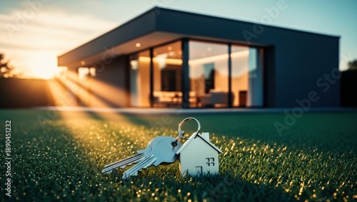 Keys with a house-shaped keychain resting on lush green grass in front of a modern home at sunset