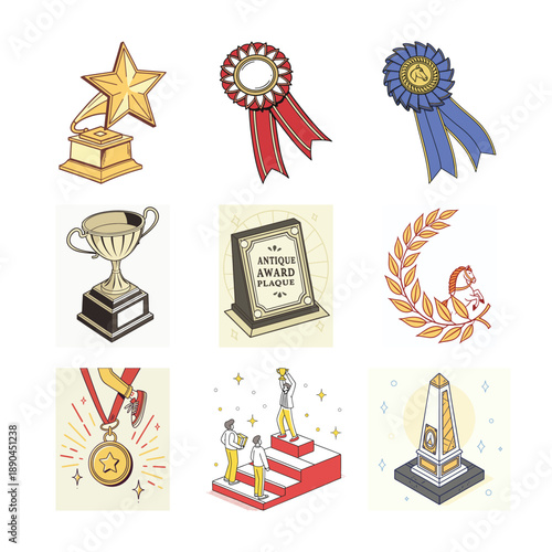 Collection of Achievements: A curated assortment of symbols of triumph, from gleaming trophies to distinguished ribbons, embodies the essence of recognition and accomplishment. 