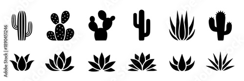 Collection of black and white stylized mountain range icons, vector graphics
