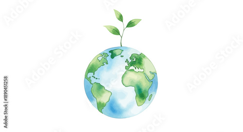 Watercolor illustration symbolizing global environmental health and the vital importance of nurturing new green life sprouting from the top of our planet