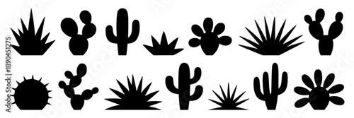 Collection of black and white stylized mountain range icons, vector graphics