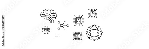 Collection of black and white stylized mountain range icons, vector graphics