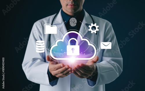 A doctor in a white lab coat holds his hands under a glowing cloud icon with a padlock, surrounded by medical data and security symbols, representing secure health data in the cloud.
