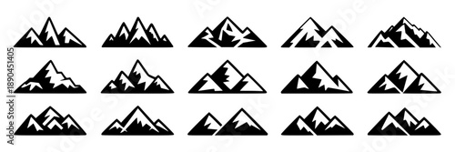 Collection of black and white stylized mountain range icons, vector graphics