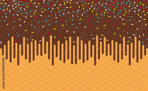 Dripping brown sweet donut glaze vector background, Colorful sprinkles banner background