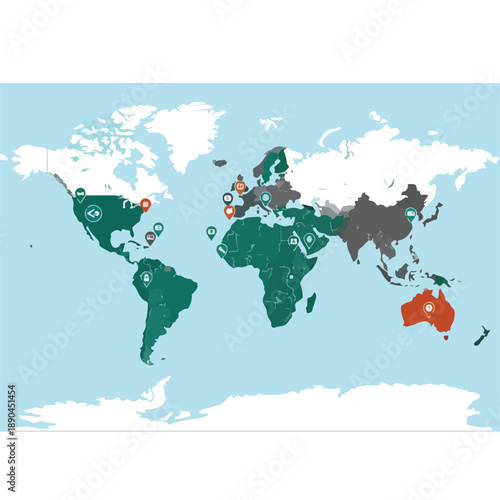 Wallpaper Mural World Map with Location Pins and Pins by Continent Torontodigital.ca