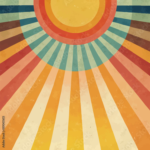 Vintage sunburst rainbow background with retro textured stripes and warm pastel colors