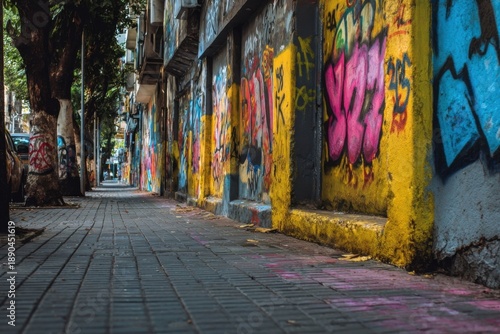 Colorful urban sidewalk lined with graffiti under trees in vibrant city scene during daylight