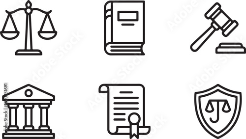 Essential law and justice icons collection featuring legal symbols and court elements Vector