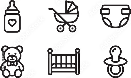 Essential baby care and accessory icons featuring a bottle, stroller, diaper, teddy bear, crib, and pacifier Vector