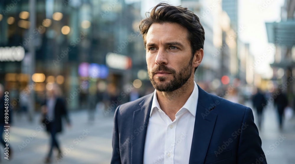 Obraz premium Confident businessman in a suit walking through a busy city street with blurred background