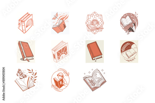 Artful Books Collection: A curated series of artful illustrations celebrates the beauty of knowledge and imagination, each depicting a different perspective of books, representing stories and dreams.