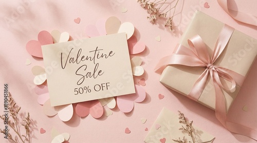 Wallpaper Mural Valentine’s Day Sale Background with Gift Box, Pink Flowers and 50% Off Discount, Romantic Flat Lay Torontodigital.ca