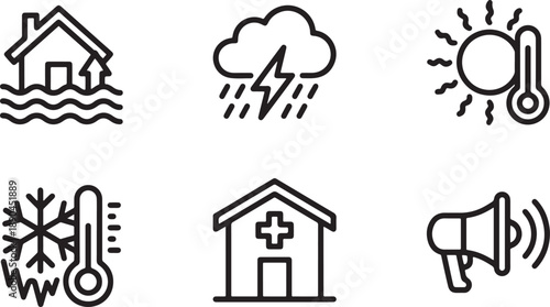 Emergency and weather condition line icons: flood, thunderstorm, heat, cold, hospital, and alert Vector