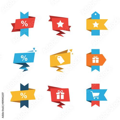 Coupon ribbons and gift tag icons collage