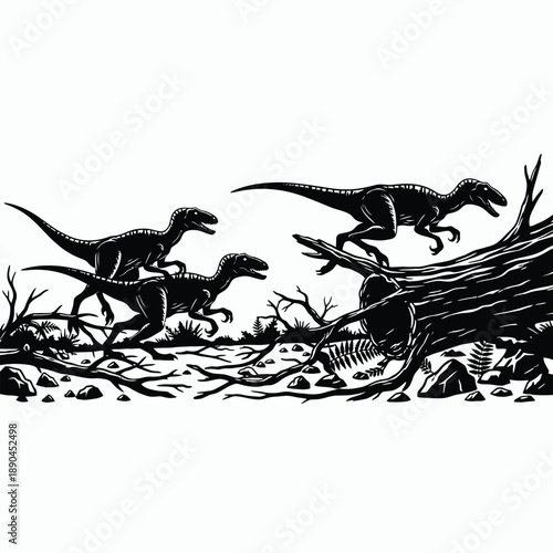 Cretaceous age silhouette vector with Velociraptors hunting among fallen trees and broken branches on white background-01.eps