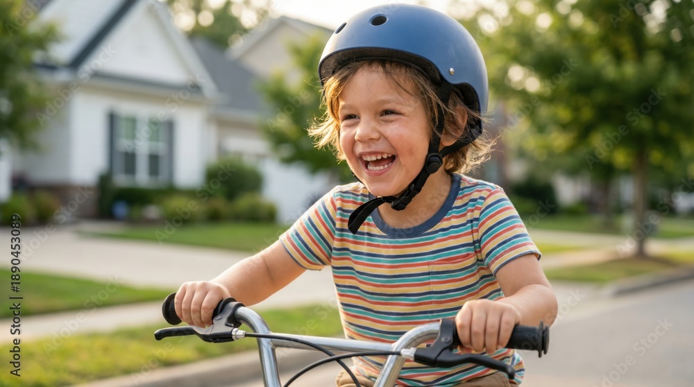 Obraz premium Joyful young boy wearing a blue helmet rides his bicycle down a suburban street