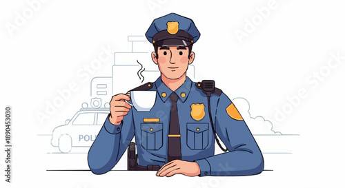 Police Officer Drinking Coffee Break Uniformed Law Enforcement.
