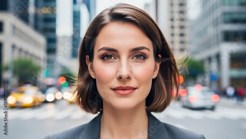 Confident businesswoman looking directly at the camera with a blurred city street background