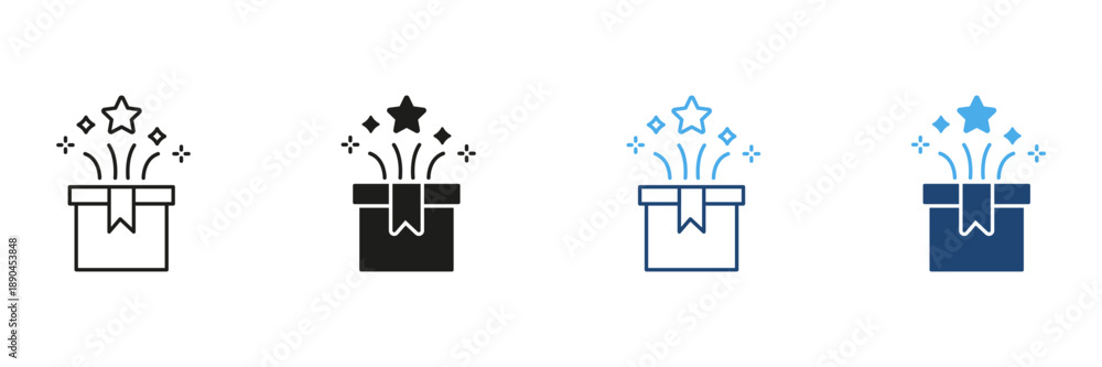 Obraz premium Gift Box With Stars And Sparkles Line And Solid Icon Set. Celebration, Surprise, And Festivity Outline And Silhouette Symbol Collection. Party And Event Icons. Isolated Vector Illustration
